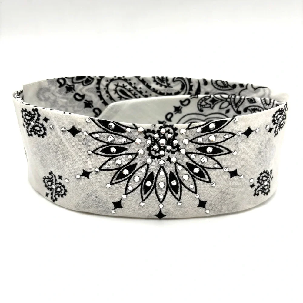 2004 Dust Bandit Handmade White Cotton Bandana Headband w Bling Rhinestones OSFM